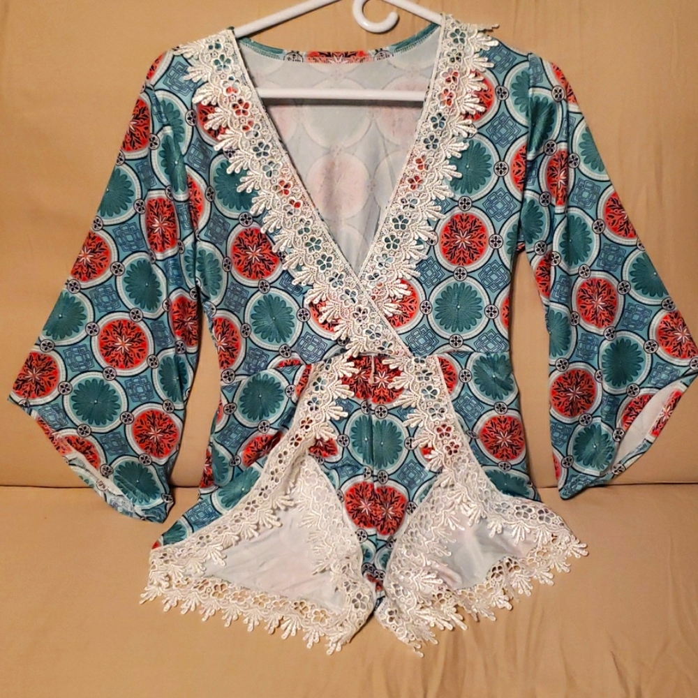 Busy pattern Teal and Pale Orange Romper